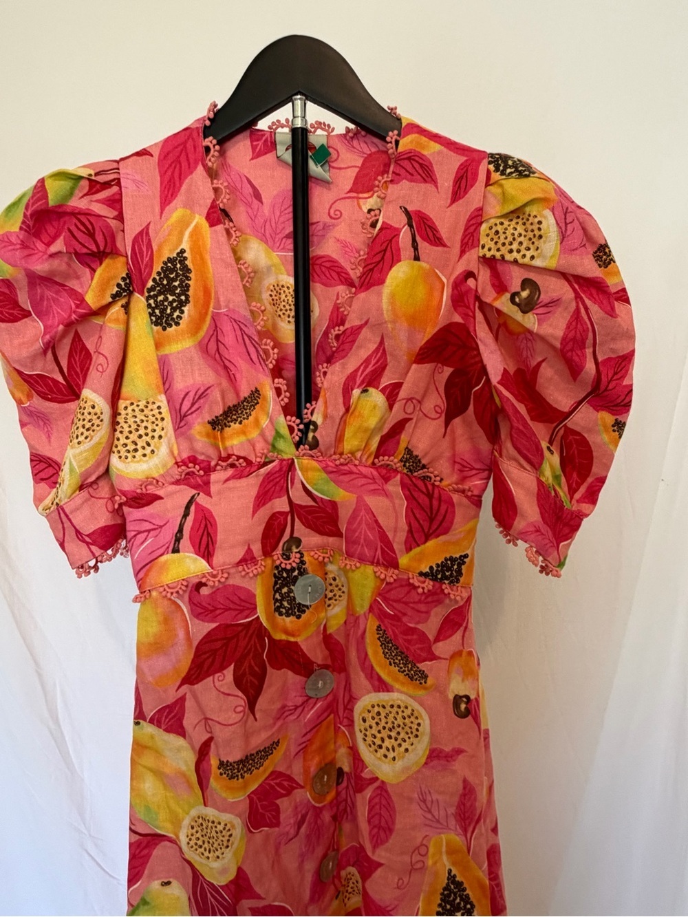 Farm Rio Pink Tropical Fruit Print Linen Blend Midi Dress XS Puff Sleeve READ - Picture 3 of 14